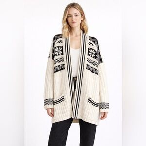 Maje Wool Blend Chunky Knit Cardigan Fair Isle Black Ivory Sz